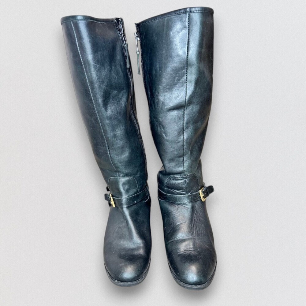 Black Leather Tall Riding Boots Gold Buckle Side Zip Women's Size 7B